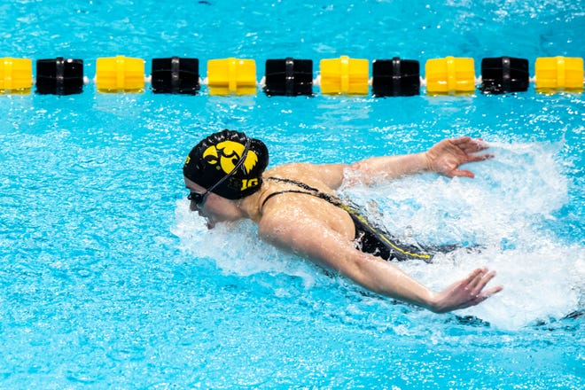 Iowa's Kelsey Drake competes in the 100 yard butterfly during a NCAA Big Ten Conference swimming and diving meet, Saturday, Jan. 16, 2021, at the Campus Recreation and Wellness Center on the University of Iowa campus in Iowa City, Iowa.