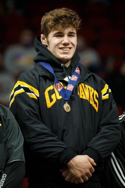 Waverly-Shell Rock's McCrae Hagarty after winning his class 3A 182 pound championship match of the Iowa high school state wrestling tournament at Wells Fargo Arena on Saturday, Feb. 20, 2021, in Des Moines, IA.