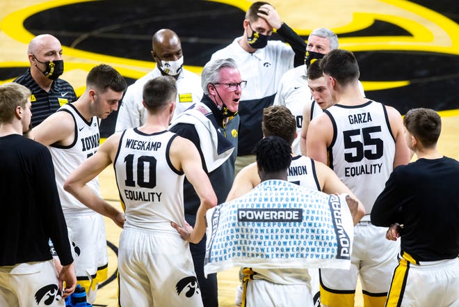 Iowa head coach Fran McCaffery yells at players in a timeout during a NCAA Big Ten Conference men's basketball game against Penn State, Sunday, Feb. 21, 2021, at Carver-Hawkeye Arena in Iowa City, Iowa.