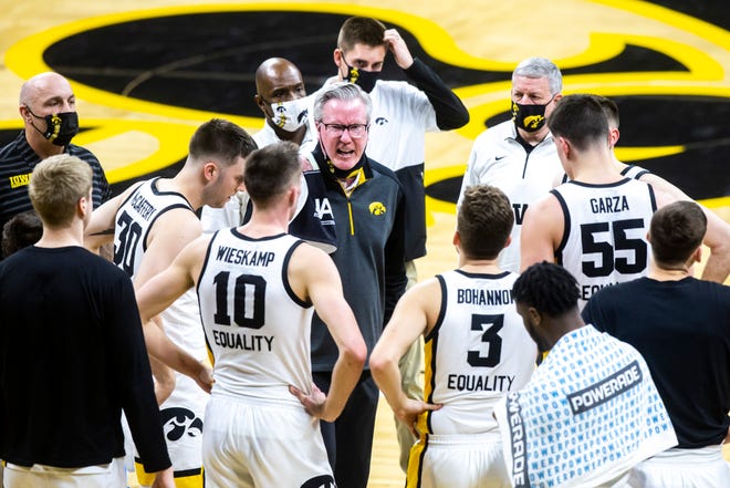 Iowa head coach Fran McCaffery reacts in a timeout during a NCAA Big Ten Conference men's basketball game against Penn State, Sunday, Feb. 21, 2021, at Carver-Hawkeye Arena in Iowa City, Iowa.