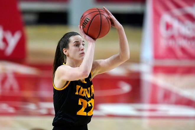 Iowa guard Caitlin Clark shoots against Maryland during the first half of an NCAA college basketball game, Tuesday, Feb. 23, 2021, in College Park, Md.