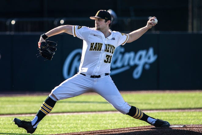 Iowa's Trenton Wallace (38) delivers a pitch during a NCAA Big Ten Conference baseball game against Nebraska, Friday, March 19, 2021, at Duane Banks Field in Iowa City, Iowa.