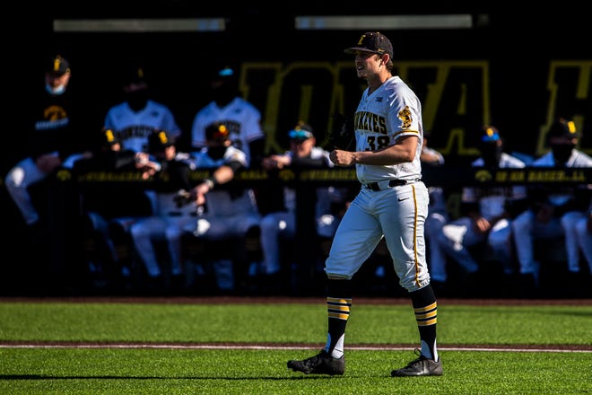 Iowa pitcher Trenton Wallace walks out to the mound during a NCAA Big Ten Conference baseball game against Nebraska, Friday, March 19, 2021, at Duane Banks Field in Iowa City, Iowa.