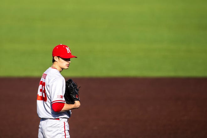 Nebraska pitcher Cade Povich looks for a signal during a NCAA Big Ten Conference baseball game against Iowa, Friday, March 19, 2021, at Duane Banks Field in Iowa City, Iowa.