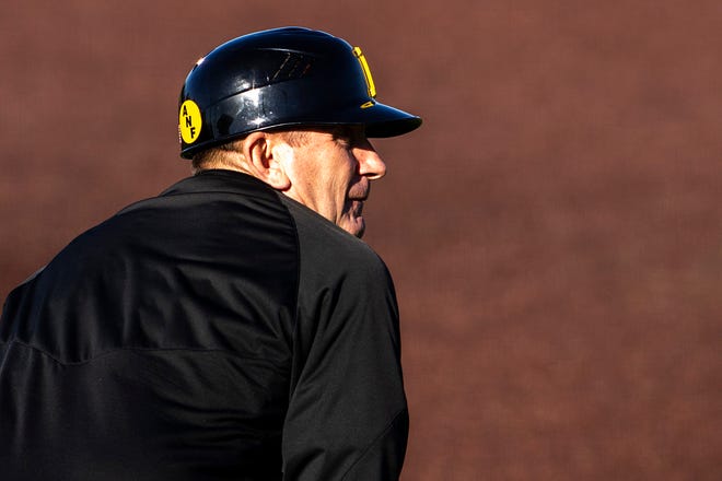 Iowa head coach Rick Heller watches from the third baseline during a NCAA Big Ten Conference baseball game against Nebraska, Friday, March 19, 2021, at Duane Banks Field in Iowa City, Iowa.