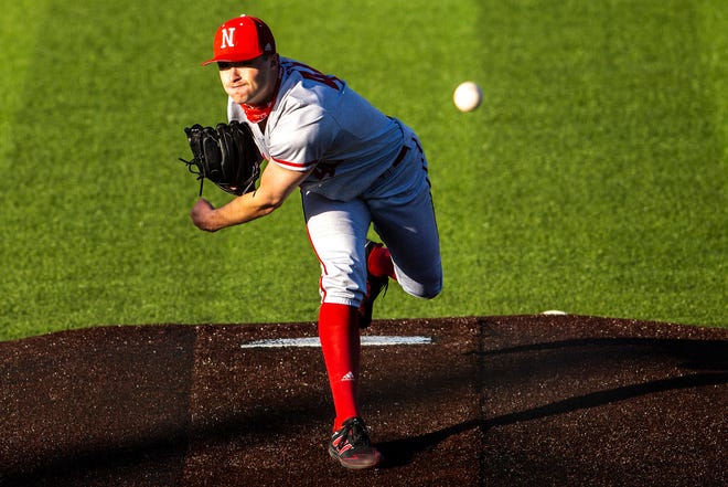 Nebraska's Caleb Feekin (40) delivers a pitch during a NCAA Big Ten Conference baseball game against Iowa, Friday, March 19, 2021, at Duane Banks Field in Iowa City, Iowa.