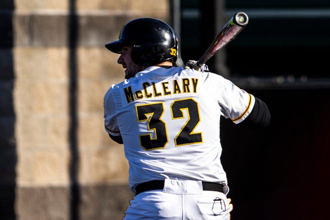 Iowa's Brett McCleary (32) bats during a NCAA Big Ten Conference baseball game against Nebraska, Friday, March 19, 2021, at Duane Banks Field in Iowa City, Iowa.