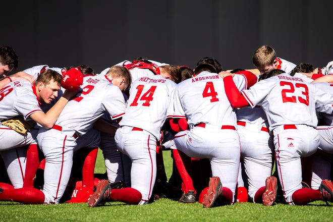 Nebraska Cornhuskers huddle up before a NCAA Big Ten Conference baseball game against Iowa, Friday, March 19, 2021, at Duane Banks Field in Iowa City, Iowa.