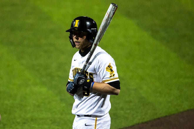 Iowa's Zeb Adreon (5) walks up to bat during a NCAA Big Ten Conference baseball game against Minnesota, Friday, April 9, 2021, at Duane Banks Field in Iowa City, Iowa.