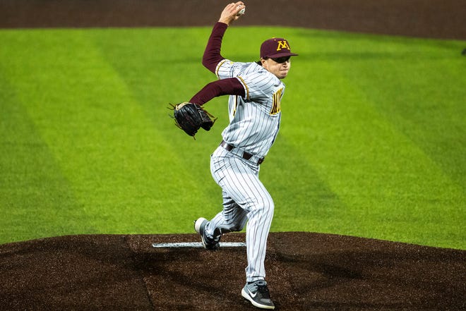 Minnesota's Danny Kapala (17) delivers a pitch during a NCAA Big Ten Conference baseball game against Iowa, Friday, April 9, 2021, at Duane Banks Field in Iowa City, Iowa.