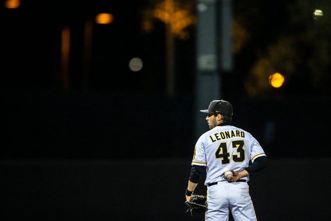 Iowa's Grant Leonard (43) looks for a signal while pitching during a NCAA Big Ten Conference baseball game against Minnesota, Friday, April 9, 2021, at Duane Banks Field in Iowa City, Iowa.