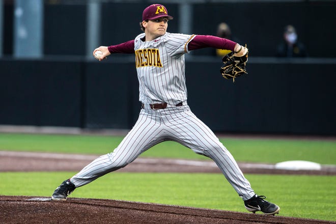 Minnesota's Sam Ireland (44) delivers a pitch during a NCAA Big Ten Conference baseball game against Iowa, Friday, April 9, 2021, at Duane Banks Field in Iowa City, Iowa.