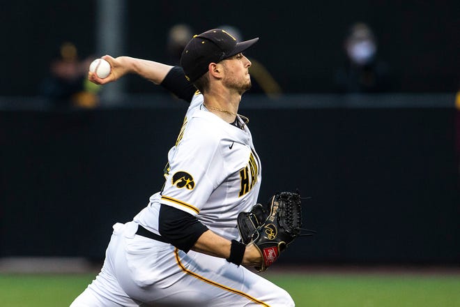 Iowa's Trenton Wallace (38) delivers a pitch during a NCAA Big Ten Conference baseball game against Minnesota, Friday, April 9, 2021, at Duane Banks Field in Iowa City, Iowa.