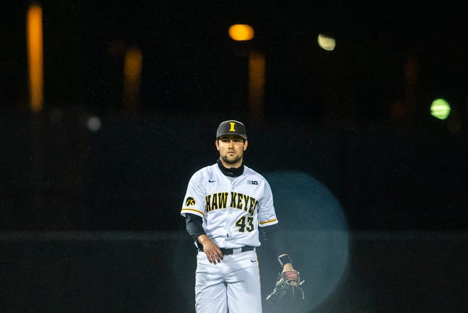 Iowa's Grant Leonard (43) stands on the mound as rain falls during a NCAA Big Ten Conference baseball game against Minnesota, Friday, April 9, 2021, at Duane Banks Field in Iowa City, Iowa.