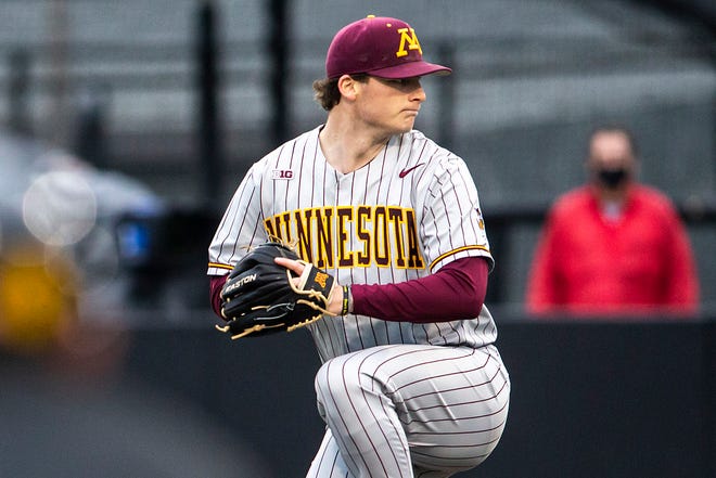 Minnesota's Sam Ireland (44) delivers a pitch during a NCAA Big Ten Conference baseball game against Iowa, Friday, April 9, 2021, at Duane Banks Field in Iowa City, Iowa.