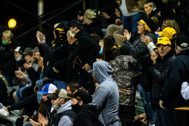 Iowa Hawkeyes fans cheer during a NCAA Big Ten Conference baseball game against Minnesota, Friday, April 9, 2021, at Duane Banks Field in Iowa City, Iowa.