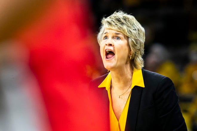 Iowa head coach Lisa Bluder reacts during a NCAA Big Ten Conference women's basketball game against Ohio State, Monday, Jan. 31, 2022, at Carver-Hawkeye Arena in Iowa City, Iowa.