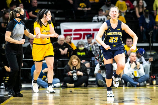Michigan guard Danielle Rauch (23) reacts after making a basket during a NCAA Big Ten Conference women's basketball game against Iowa, Sunday, Feb. 27, 2022, at Carver-Hawkeye Arena in Iowa City, Iowa.