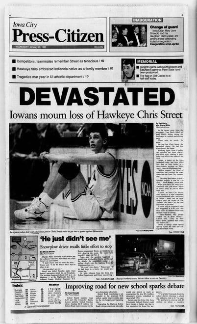 This front page of the Iowa City Press-Citizen on Jan. 20, 1993, reads, "Devastated Iowans mourn loss of Hawkeye Chris Street"
