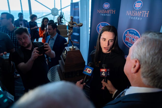 Caitlin Clark takes questions after winning the 2023 Jersey MikeÕs Naismith Trophy in Dallas, Texas, Wednesday, March 29, 2023.