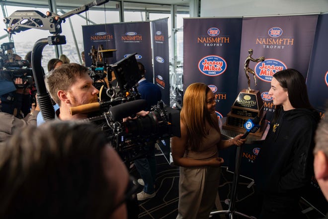 Caitlin Clark takes questions after winning the 2023 Jersey MikeÕs Naismith Trophy in Dallas, Texas, Wednesday, March 29, 2023.