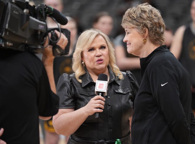 Holly Rowe of ESPN interviews Iowa Head Coach Lisa Bluder during practice in Dallas, Texas, Thursday, March 30, 2023.